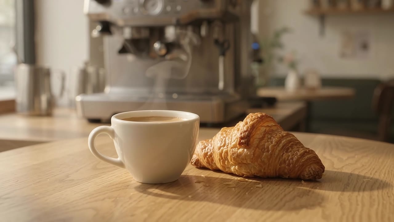 Ivory espresso cup beside a golden croissant on a warm sunlit café table