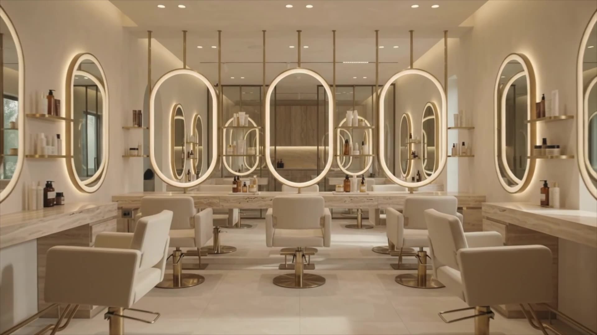 Elegant warm-toned beauty salon with styling mirrors and luxurious interior details