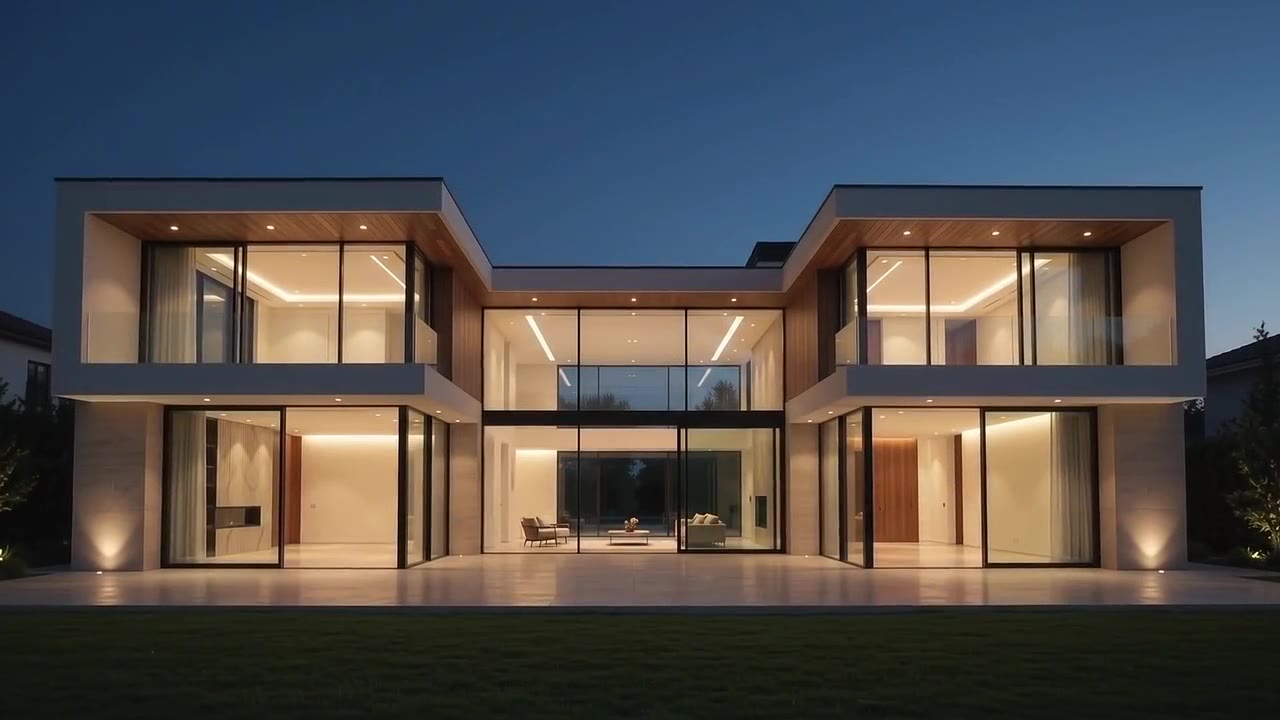 Front view of a modern architectural home illuminated at dusk