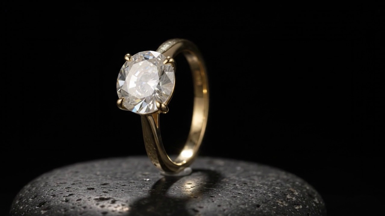 Oval diamond on a polished yellow-gold ring resting on a dark stone pedestal
